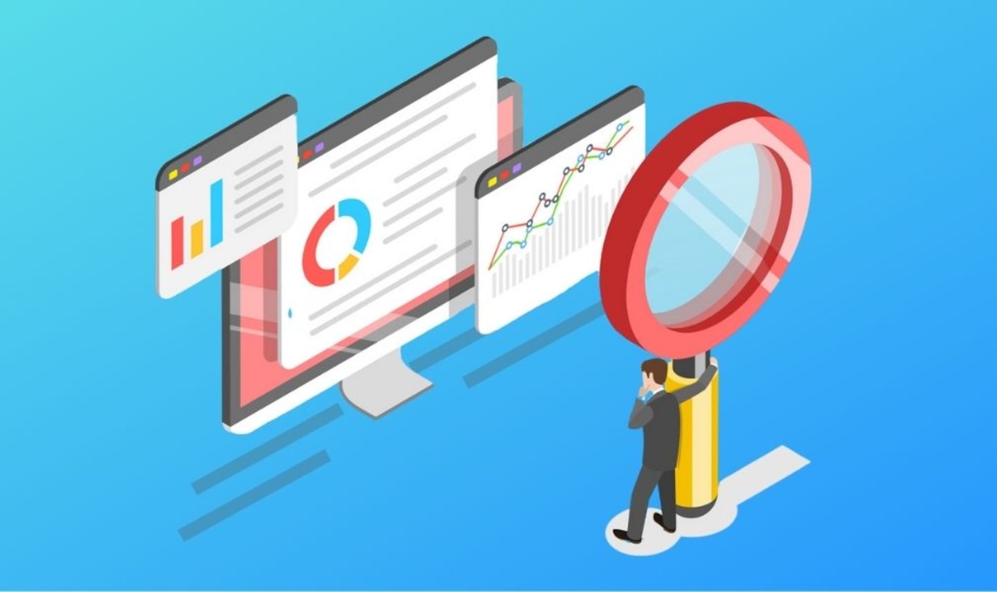 magnifying glass looking at 3 screens with charts and graphs