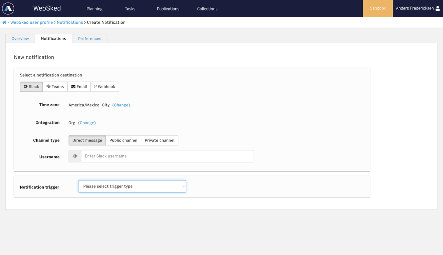 WebSked's create new notification screen