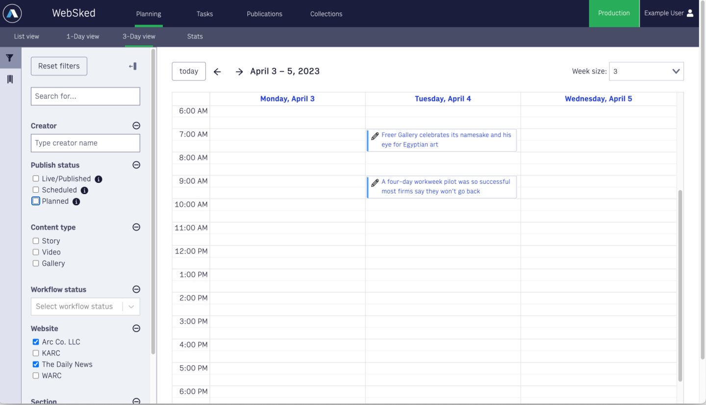 Under the planning tab in WebSked the 3 day calendar view of content is shown with two stories appearing on the same day